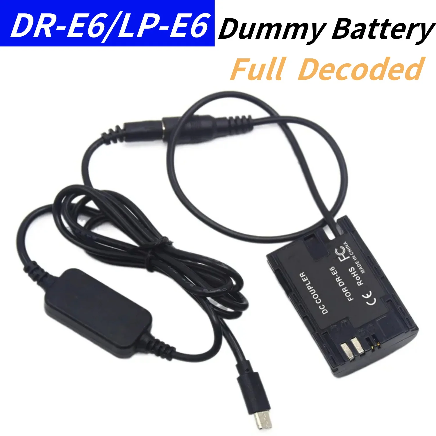 

LP-E6 Dummy Battery DR-E6 Full Decoded DC Coupler&USB C DC Cable for Canon EOS 60D 70D 80D 90D 5DS R Mark IV III 5D4 5D3 R5 R6