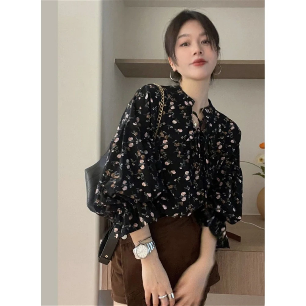 

Retro Floral Print Loose Women's Shirt V-Neck Bubble Sleeve Spring Summer Design Casual Comfortable Style Long Sleeve Top