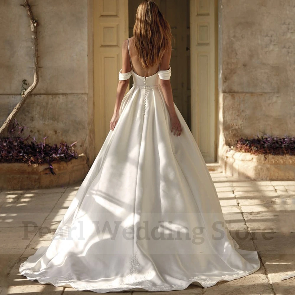 Elegant A-Line Satin Applique Wedding Dress Spaghetti Straps and Off the Shoulder Short Sleeves with Pleat and Belt Bride Gowns