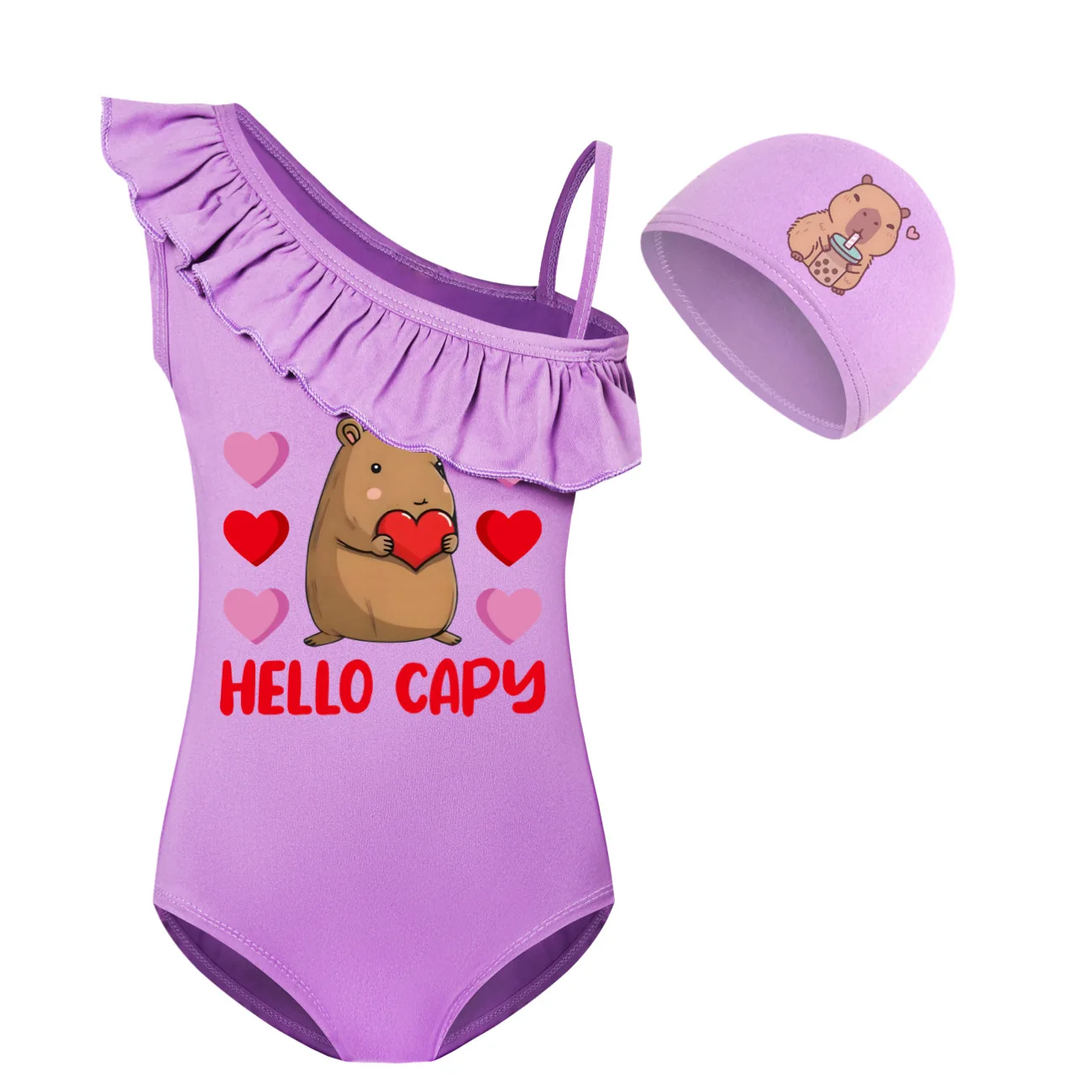 HELLO Capybara Swiming Suit Kids Cartoon Capibala Swimsuit Baby Girls Ruffle Bathing Suits Children Summer One Piece Swimwear