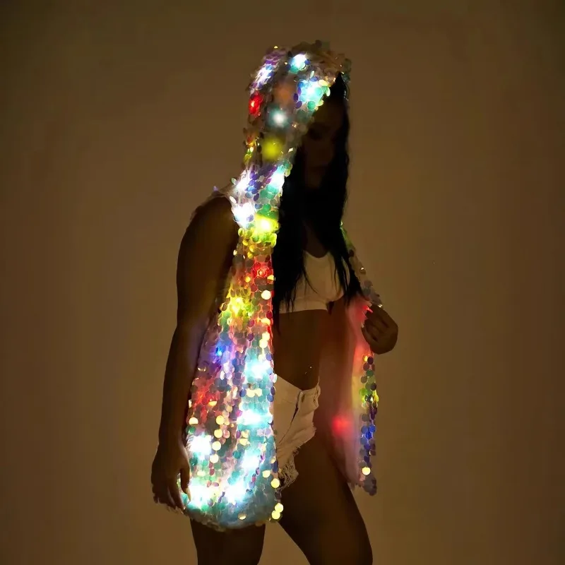 LED Light Up Sequin Hooded Vest Jacket Rave Outfit for Women Music Festival DJ Carnival Stage Performance Costume Cosplay Suit
