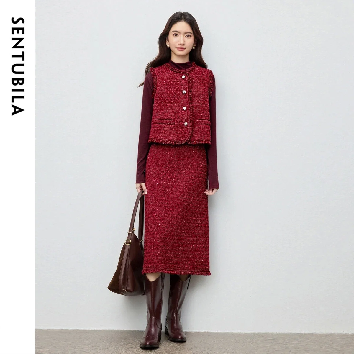 SENTUBILA Women's New Year 2 Piece Set 2026 Rose Buckle Tassel Vest Slit Straight Skirt Winter Luxury Ladies Suit 154ZA5800