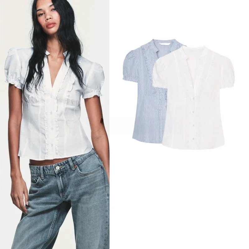 

Spring New Women's irt Single Row Multi-Buled round V-Ne Bubble ort Sve Layered Decorative Tfeta 00% Polyester ...