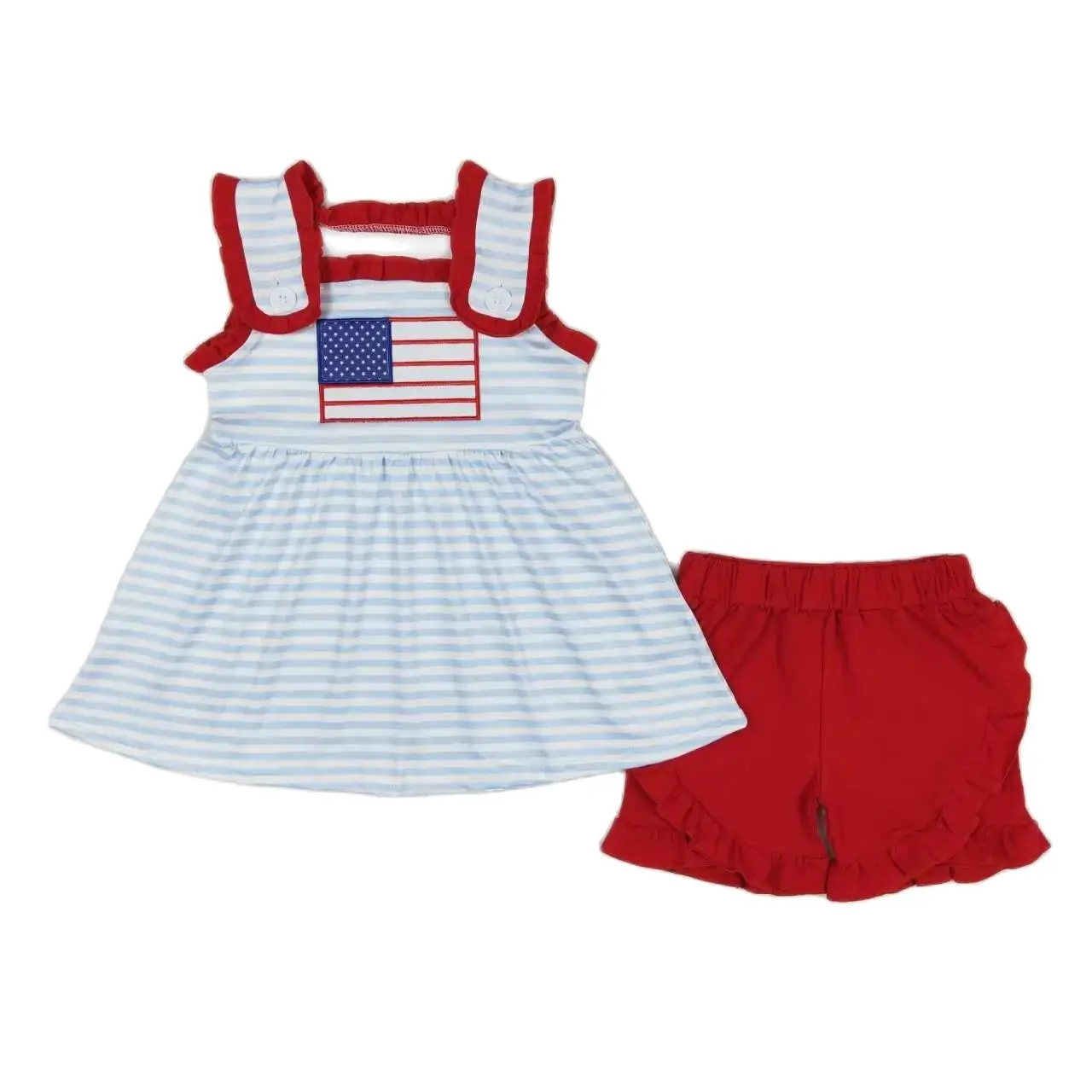 

GSSO0755 Kids Girls Summer Outfit Sets Sleeves Top Embroidery Flag Print With Shorts Children Clothes