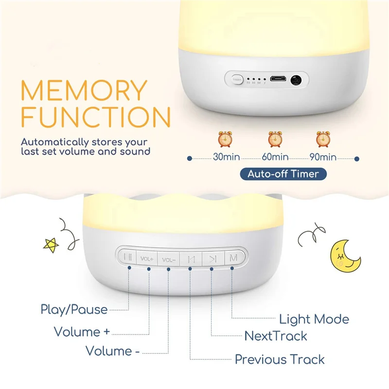 Máquina de ruído branco com luz noturna, sons calmantes, temporizador e função de memória 28 sons sonoros 32 níveis de volume