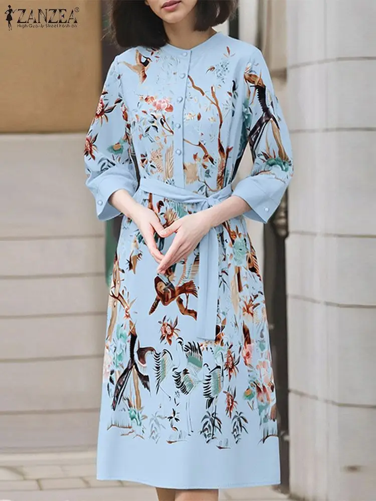 ZANZEA-Robe mi-longue imprimée à col rond pour femmes, Robes de style chinois, Vintage, Manches 2024, Robe longue, Vacances éducatives, Robes d'automne à boutons, 3/4