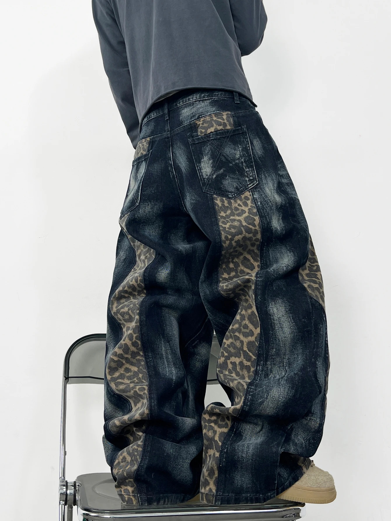 American Retro Leopard Print Patchwork Design Men's Loose Wide-Leg Pants Y2K Trendy Street Hip-Hop Fashion Versatile Long Pants