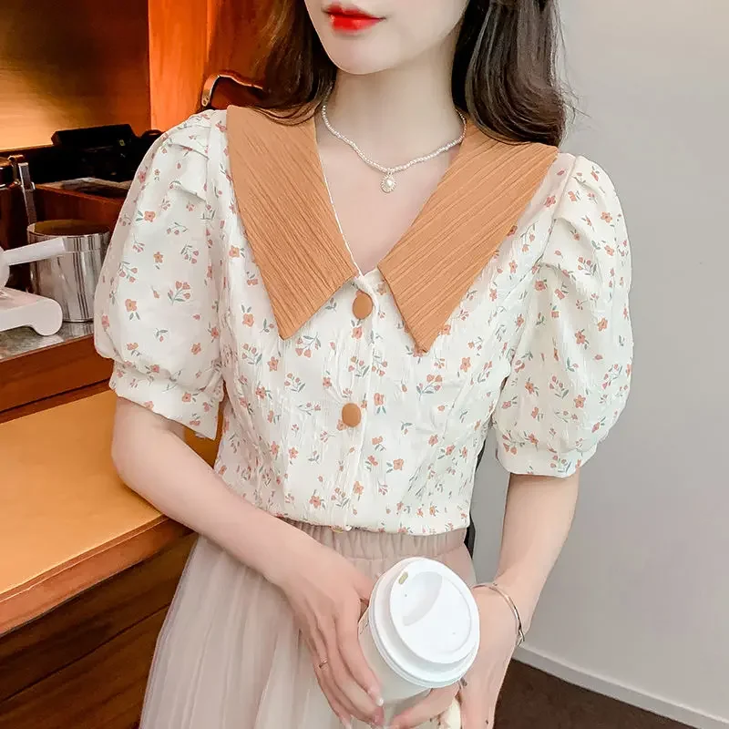 Button Up Cute Clothing Pattern Floral Short Sleeve Women's Shirts and Blouses Kawaii Top for Woman Vintage Elegant Luxury Chic