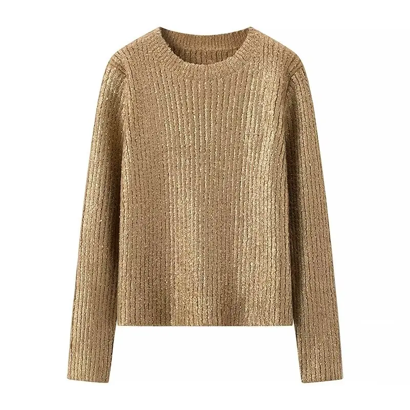 Retro Women Rib Knitting Metal Gold Bronzing Sweater Round Collar Pullover Knitwear Full Sleeve Jumper