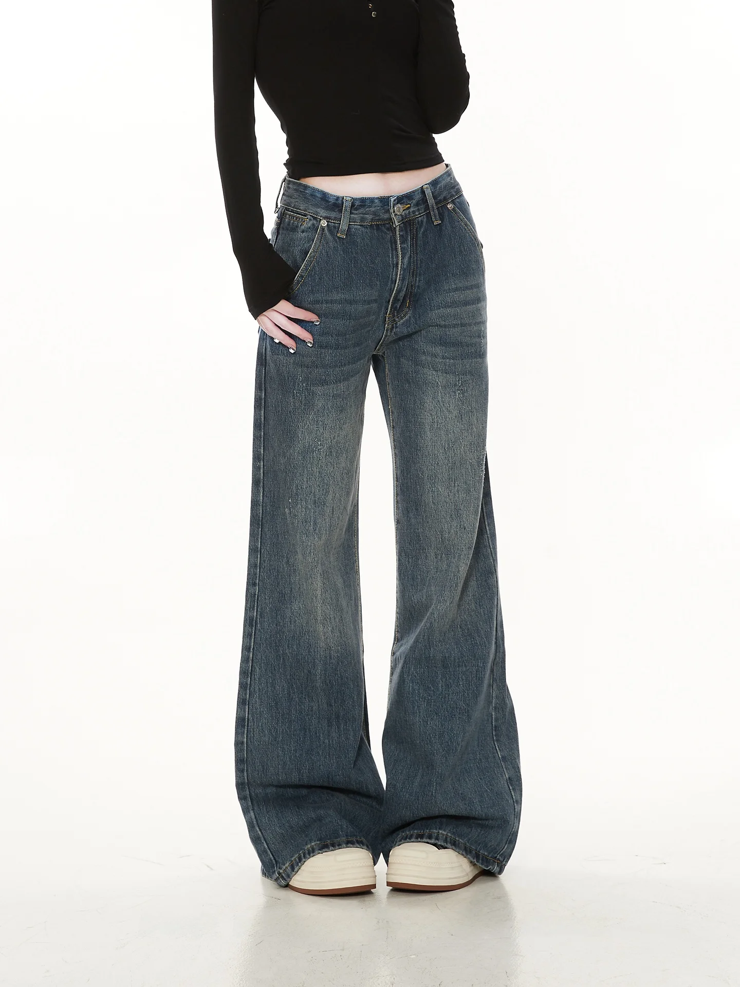 

Retro American Washed Slim Fit Skinny Jeans Women's Casual High Waist Straight Leg Denim Pants Gradient Popularity