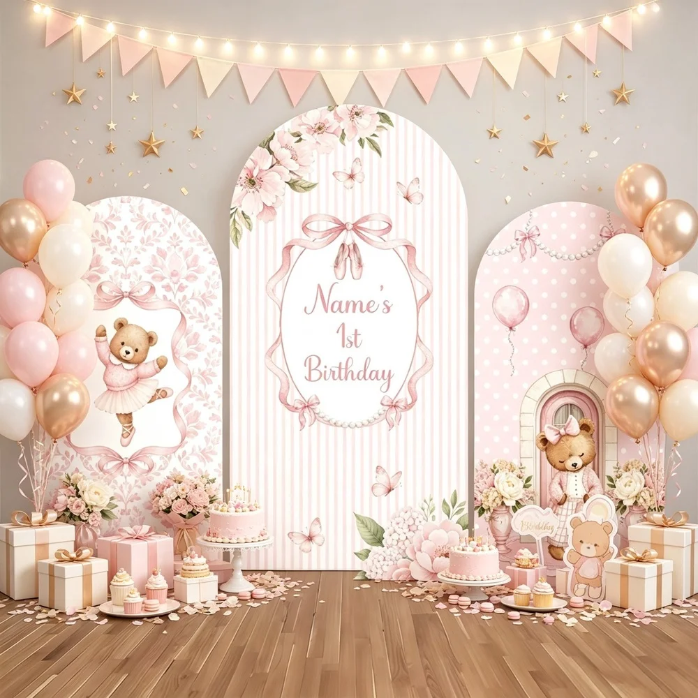 Mehofond Rosa Einjähriger Ballett-Bär Bogen-Hintergrund Mädchen Sensation Kindergeburtstag Baby-Shower Foto-Hintergrund Studio