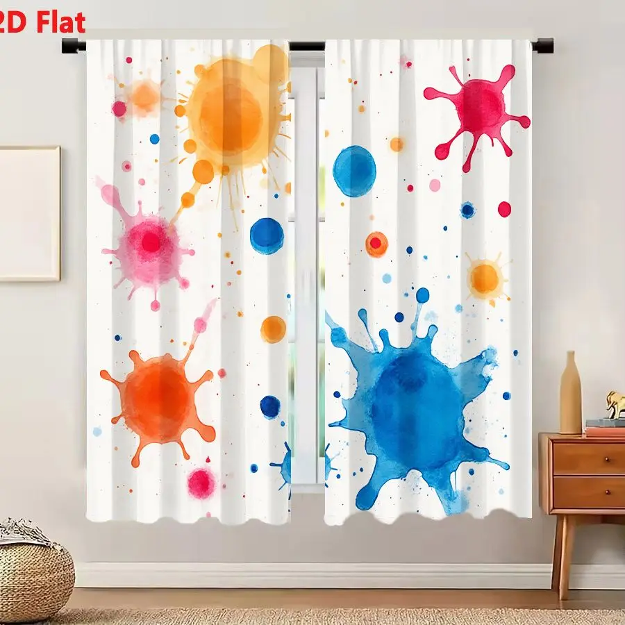 2Pcs Curtains 2D Flat Artistic Whimsical Watercolor Splatters Blobs On White Background With Orange Pink Blue Red Colorful Splas
