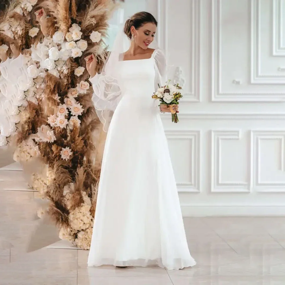 

Custom Made Simple Wedding Dress 2024 A Line Square Collar Long Sleeve Floor Length Beach Bridal Gowns Eleagnt Vestidos De Novia