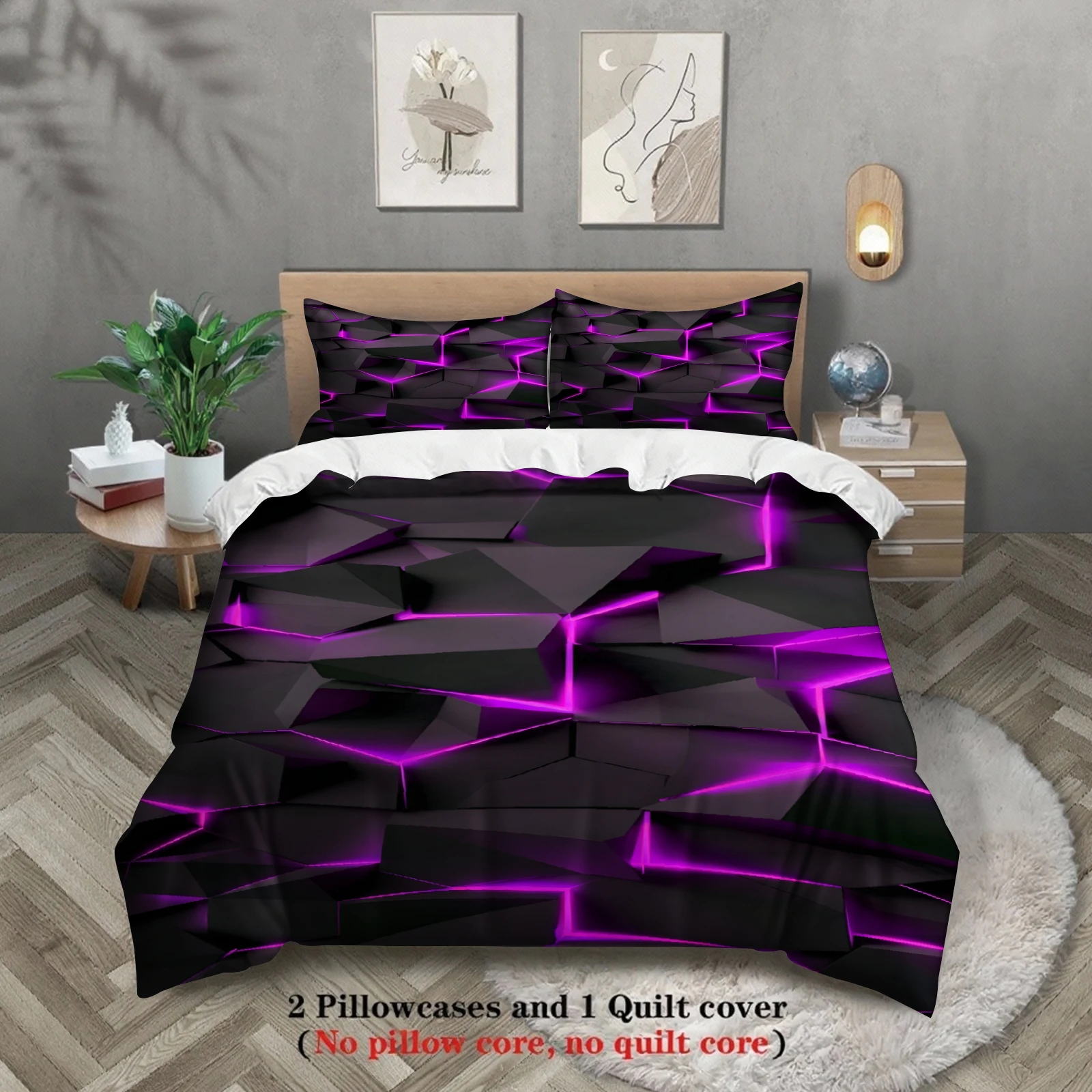 3PCS Duvet Cover Set Purple Visual Geometry Digital Printed Duvet Cover With 2 Pillowcases Single Twin Queen Size Bedding Set