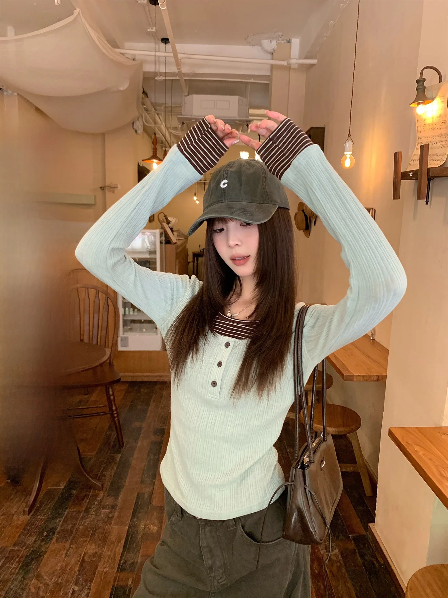 Long Sleeve Green T-Shirt Women's Base Layer Shirt Inner Wear Single Wear Commute Style Slim Fit round Neck Top by Song Zhengen