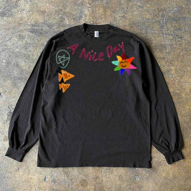 Pure Cotton 300g Oversize Long Sleeve T-Shirt American Retro Style Base Layer Shirt Story Multi by Little Chen
