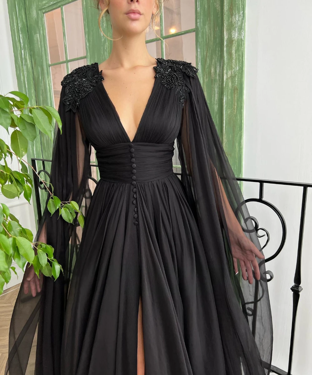 Vestidos de Fiesta de gasa con cuello en V profundo negro elegante, mangas largas con capa, apliques de cuentas, abertura alta, línea A, Maxi vestidos de noche