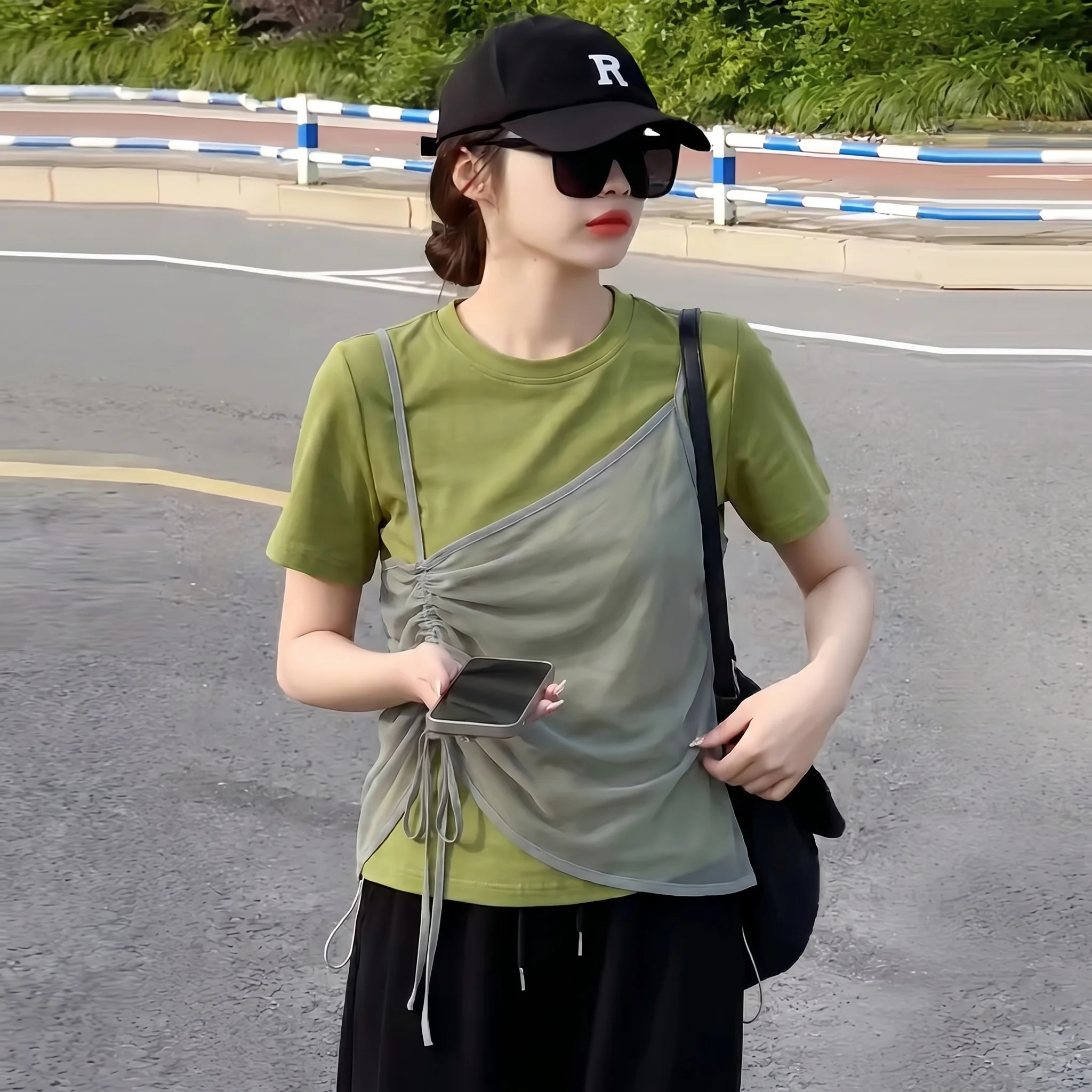 Gray Unique Fake Two-Piece Short Sleeve T-Shirt Women's Loose Summer Top Cleanfit Style Pear Shape Fit Cotton Polyester
