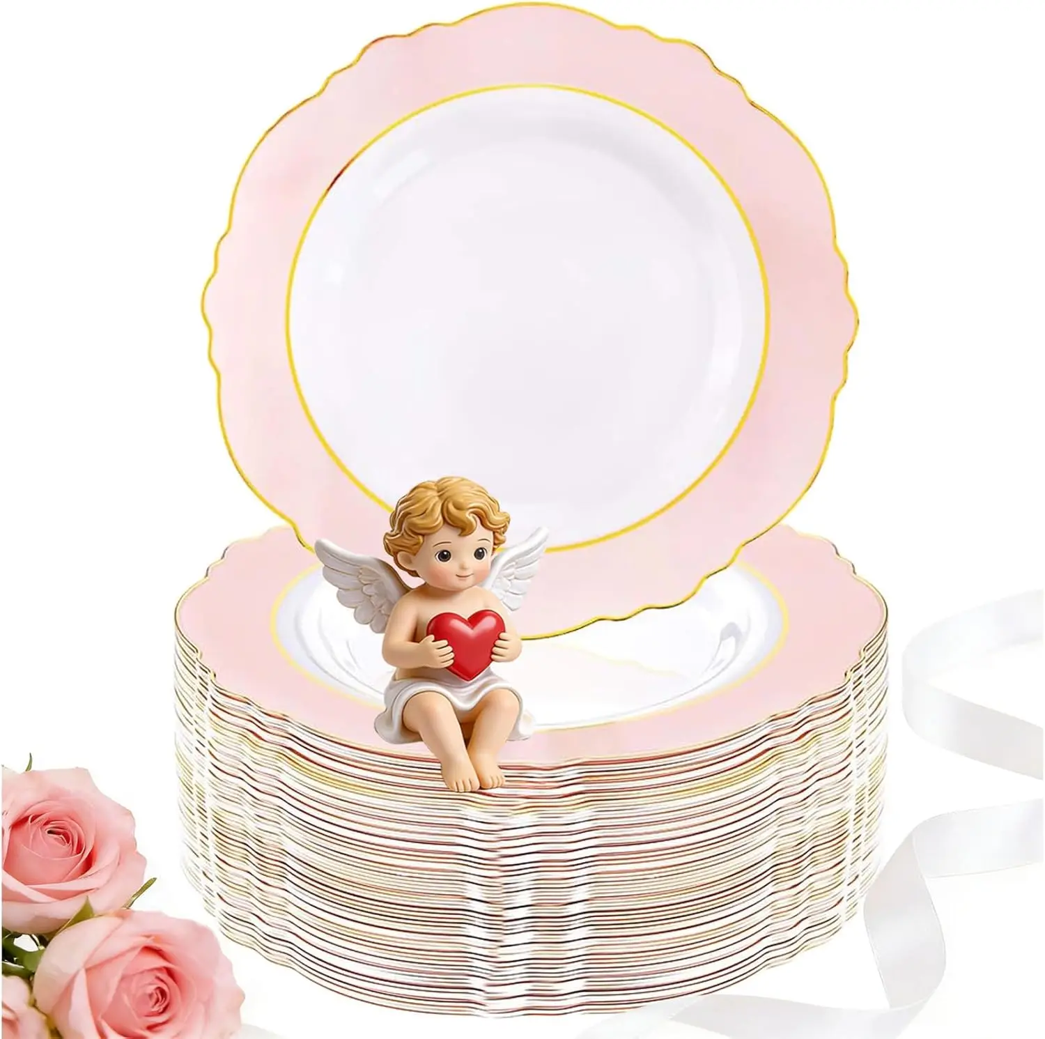 

60pcs Pink Plastic Plates - 10.25inch Baroque Gold Disposable Dinner Plates for Upscale Parties, Weddings, Birthdays