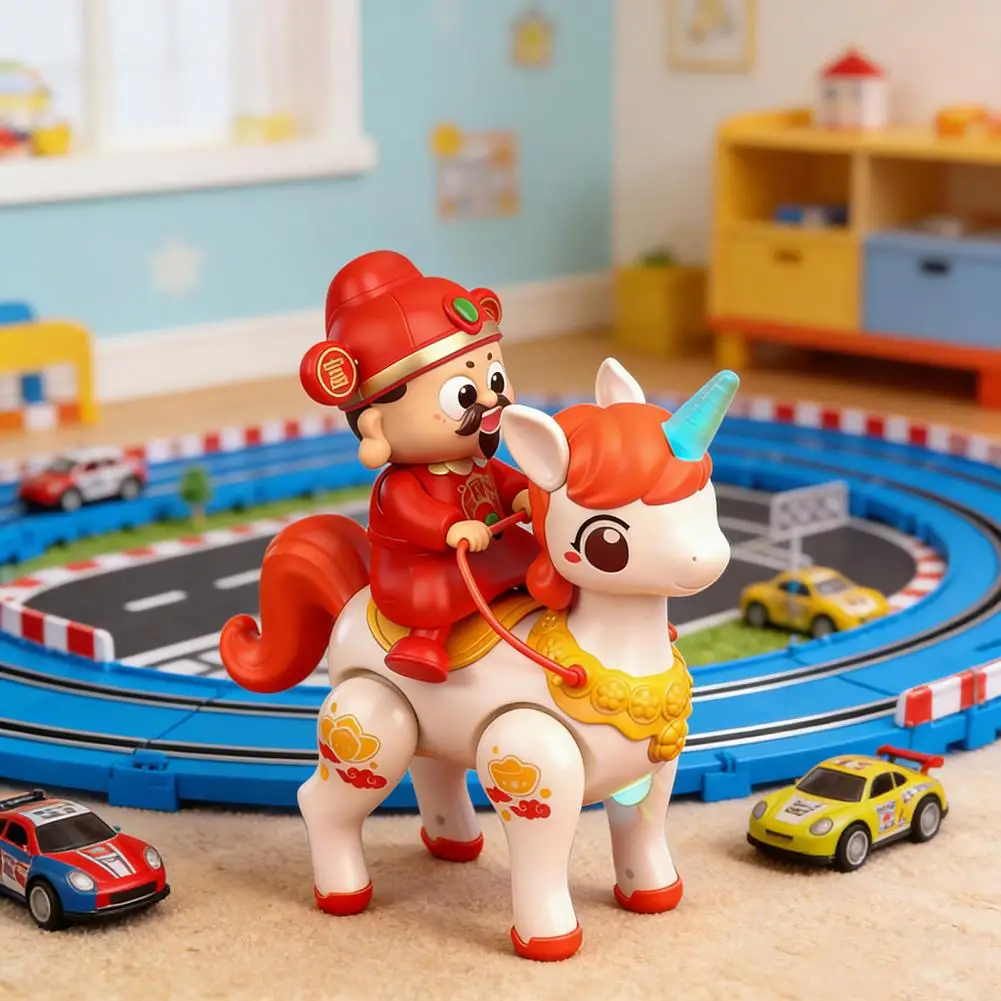 

Электрическая игрушка Китайский Бог Богатства с музыкой и LED-подсветкой, мультяшная фигурка Бога Удачи на лошади, подвижная