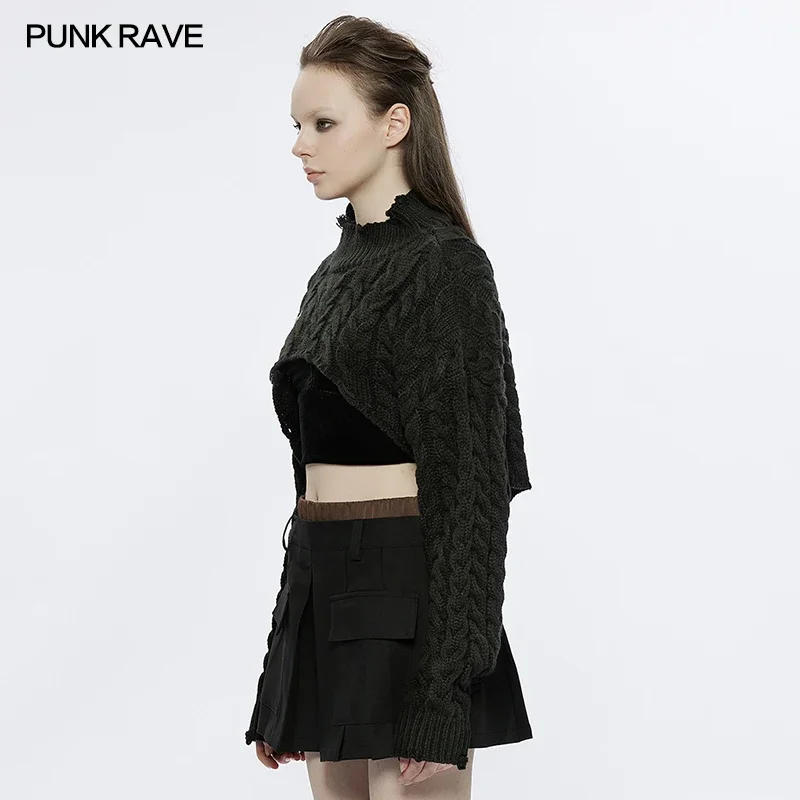 PUNK RAVE Women's Hollowing Mid-thick Knitwear Loose Pullover Sweater Gothic Daily Ragged Neckline Hot Girl Short Black