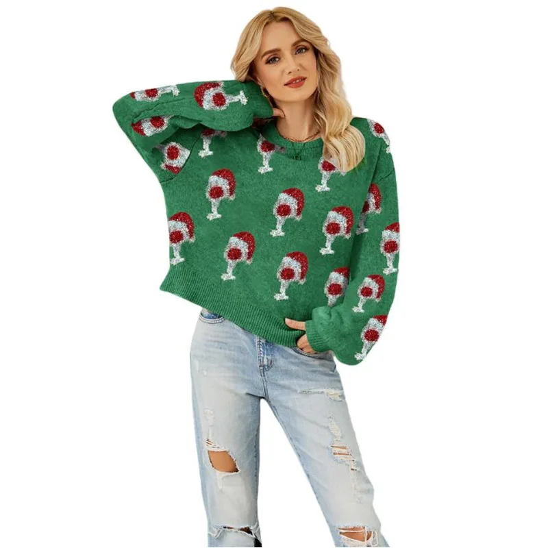 Fashionable And Popular Jacquard Colored Sweater For Women 2024 Autumn And Winter New Cute Bubble Sleeve Head Christmas Sweater