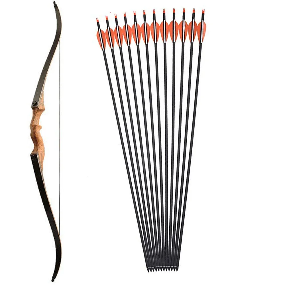 20-60lbs 60 pulgadas tiro con arco arco recurvo arco largo Takedown arco mano derecha izquierda 12 Uds mezcla flechas de carbono tiro de caza