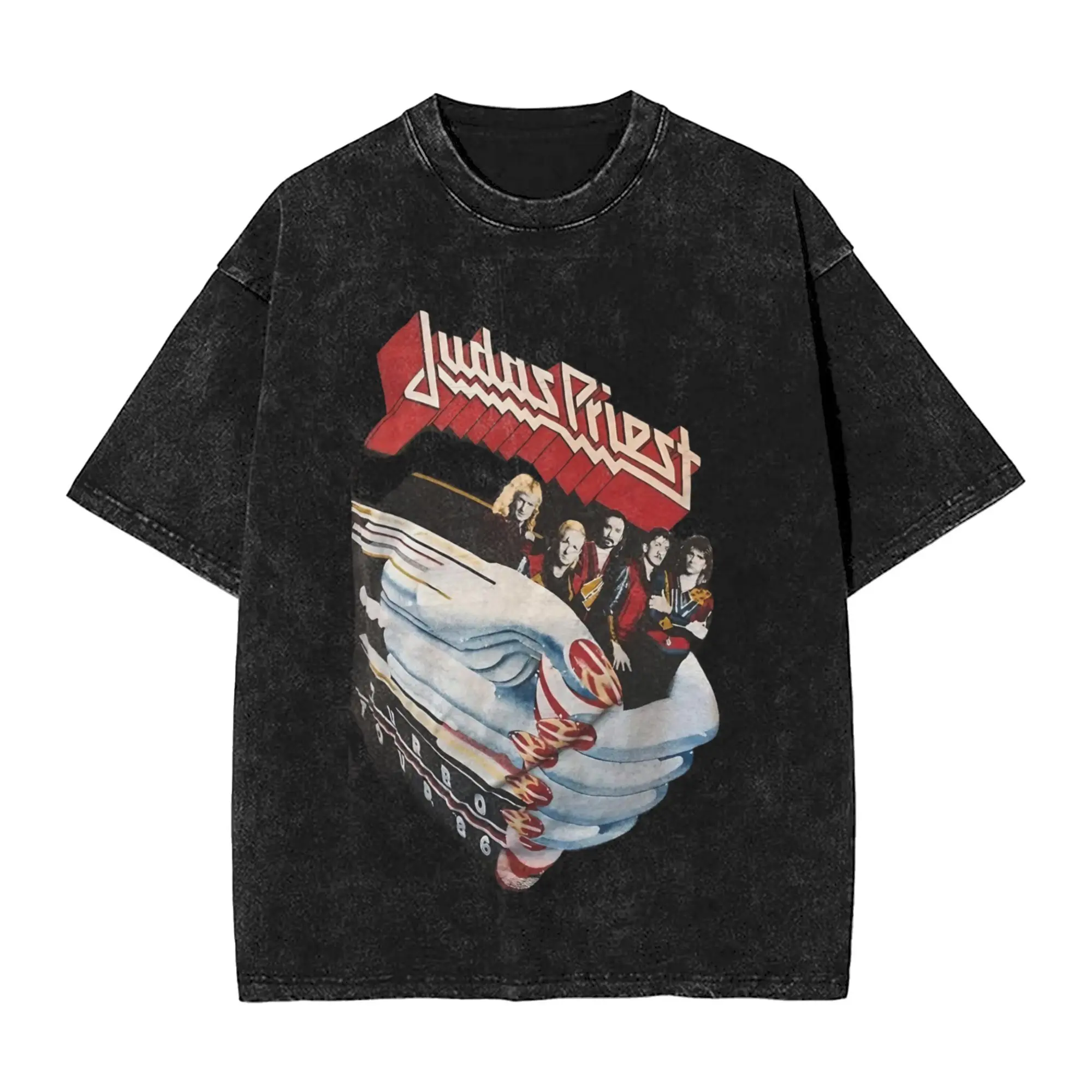 

Washed T Shirt Judas Priest Tour Hip Hop Casual T-Shirts Oversize Heavy Metal Streetwear Cotton Summer Tops Tees for Men Women