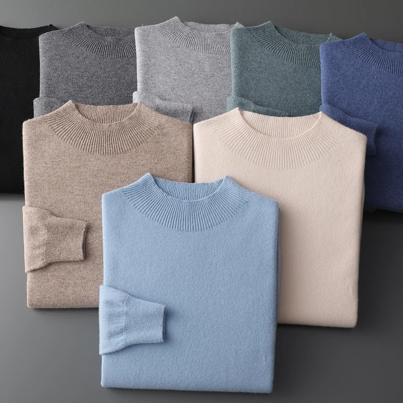 Suéter de cachemira de lana pura 100%, jersey de medio cuello alto para hombre, suéter de punto superior grueso de moda informal