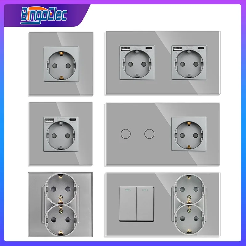 Bingoelec EU Standard Dual Socket and Light Switch Outlets with USB TypeC Switchec with Sockets Wall Outlet Grey Glass Panel