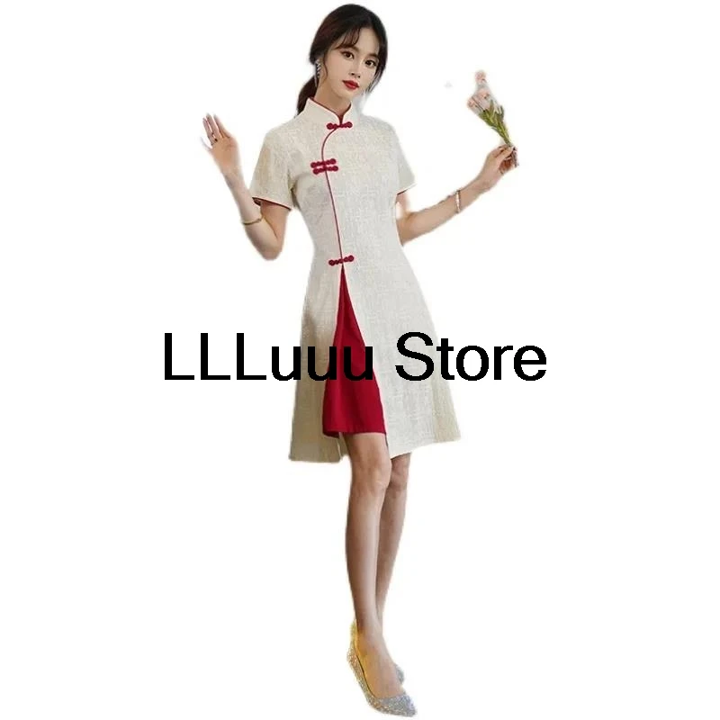Vintage Chinese Traditional Casual Party Women Qipao Dress Summer Stand Collar Short Sleeve Cheongsam