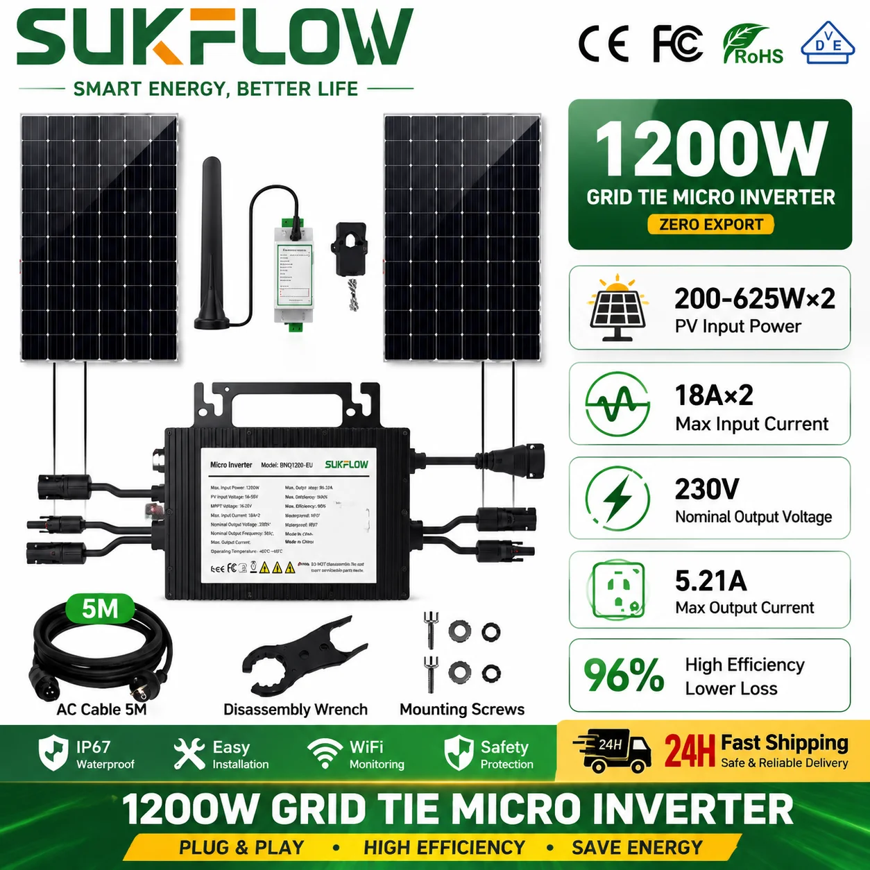 SUKFLOW 1200W Zero-Export Mikro-Wechselrichter, Dual MPPT Netzgekoppelter Solar-Wechselrichter 230V IP67 Wasserdicht mit WLAN-Überwachung für Balkon
