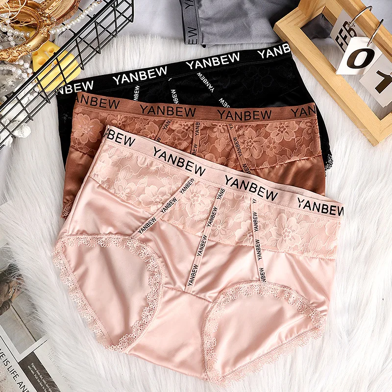 Luxury Satin Women\'s Panties Mid Waist Ice Silk Underwear Lingerie Trend Ladies Lace Briefs Girls Breathable Triangle Underpants
