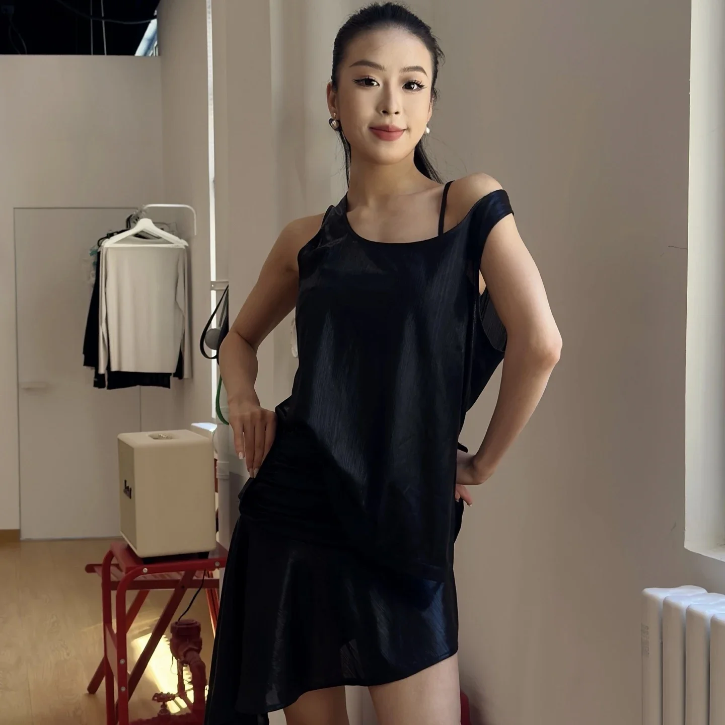 

New Summer Latin Dance Clothes Women Black Tops Slit Skirt Club Rumba Samba Dance Practice Clothing Adult Salsa Costume DNV23691