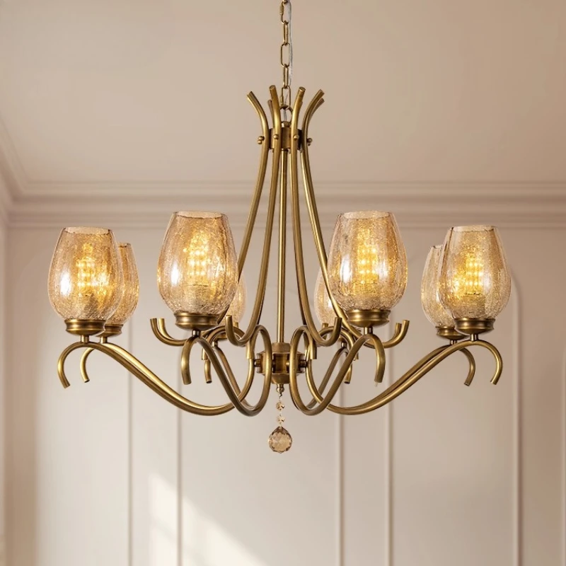 American All Copper Ceiling Chandeliers Amber Crack Glass Pendant Light Retro Living Room Bedroom Restaurant Hotel Hanging Lamps