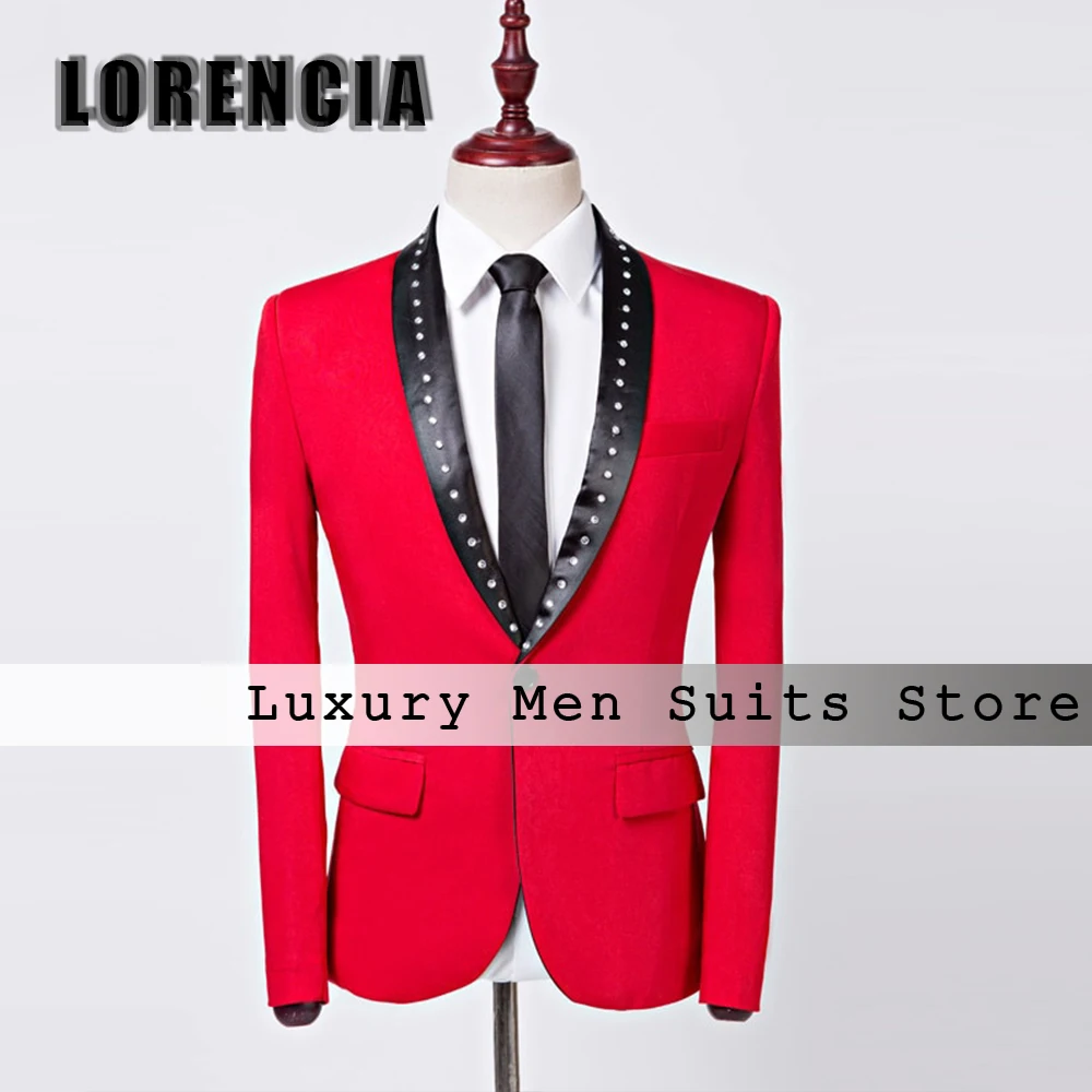 

Simple Crystal Suits for Men 2 Pieces Shawl Collar Tuxedos Wedding Party Outfit Customized Blazer Pants jaqueta masculina couro