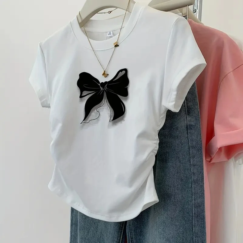 سليم تي شيرت العصرية خمر فراشة طباعة قميص قصير الأكمام س الرقبة الأعلى 2025 صيف جديد الشارع الشهير المرأة ملابس كاجوال #6