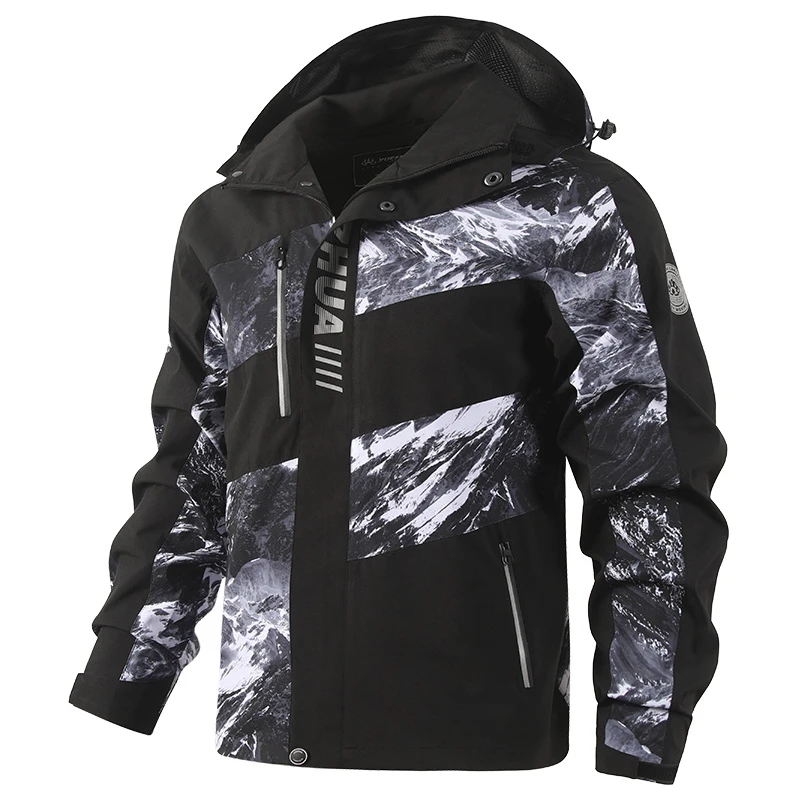 Waterproof Windproof Men's Snow Mountain Print Patchwork Hooded Jacket Outdoor Hiking Ski Coat Color Block Sports Windbreaker