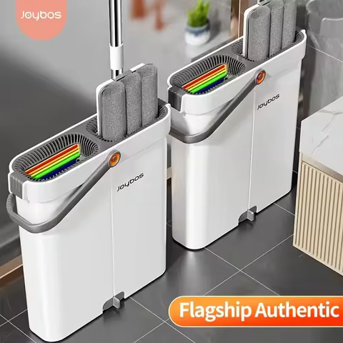 Conjunto de Mop Giratório 360° JOYBOS com Balde, Mop Plano para Limpeza de Piso, Panos de Microfibra Laváveis, Uso Úmido e Seco com Raspador, Mop para Limpeza Doméstica