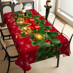 Christmas Festive Bells and Holly Rectangle Tablecloth Holiday Party Decor Waterproof Tablecloth for Table Christmas Decorations