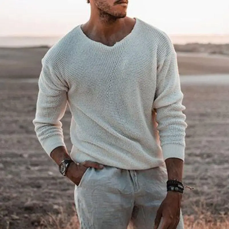 2023 Spring Autumn Fashion  Mens Knit Thin Sweaters Casual V Neck Solid Warm Slim Fit Sweaters Pullover Male