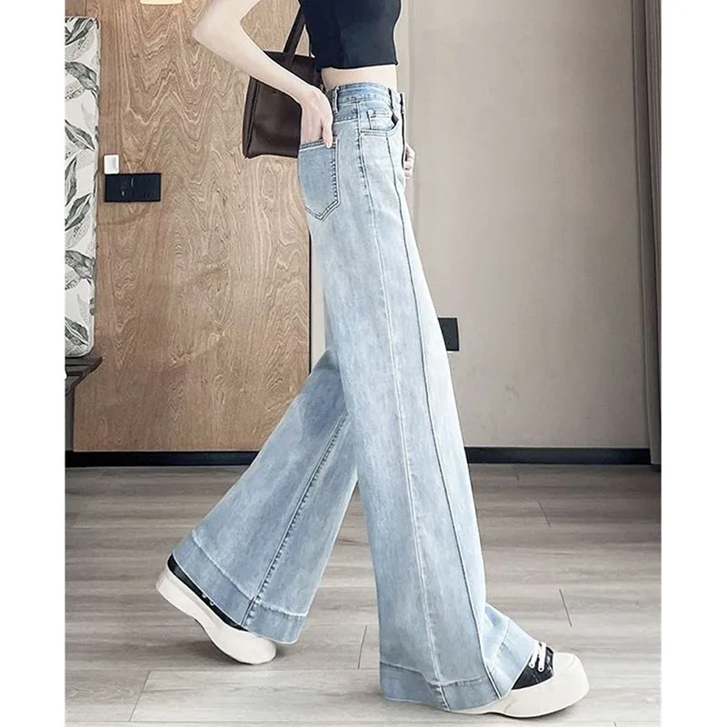 Damen Einfarbig Ausgestelltes Cowboy Hosen Koreanische Frauen Nicht Stick Bein Jeans Herbst Femme Hohe Taille Gerade Rohr Denim Pantalons