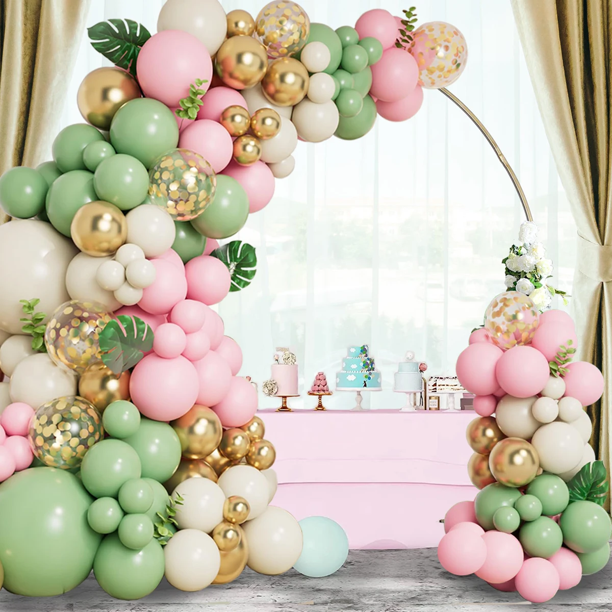 109 Pcs Green White Pink Theme Arch Garland Gold Metal Latex Balloons Baby Shower Kids Girl Birthday Party Decoration Background