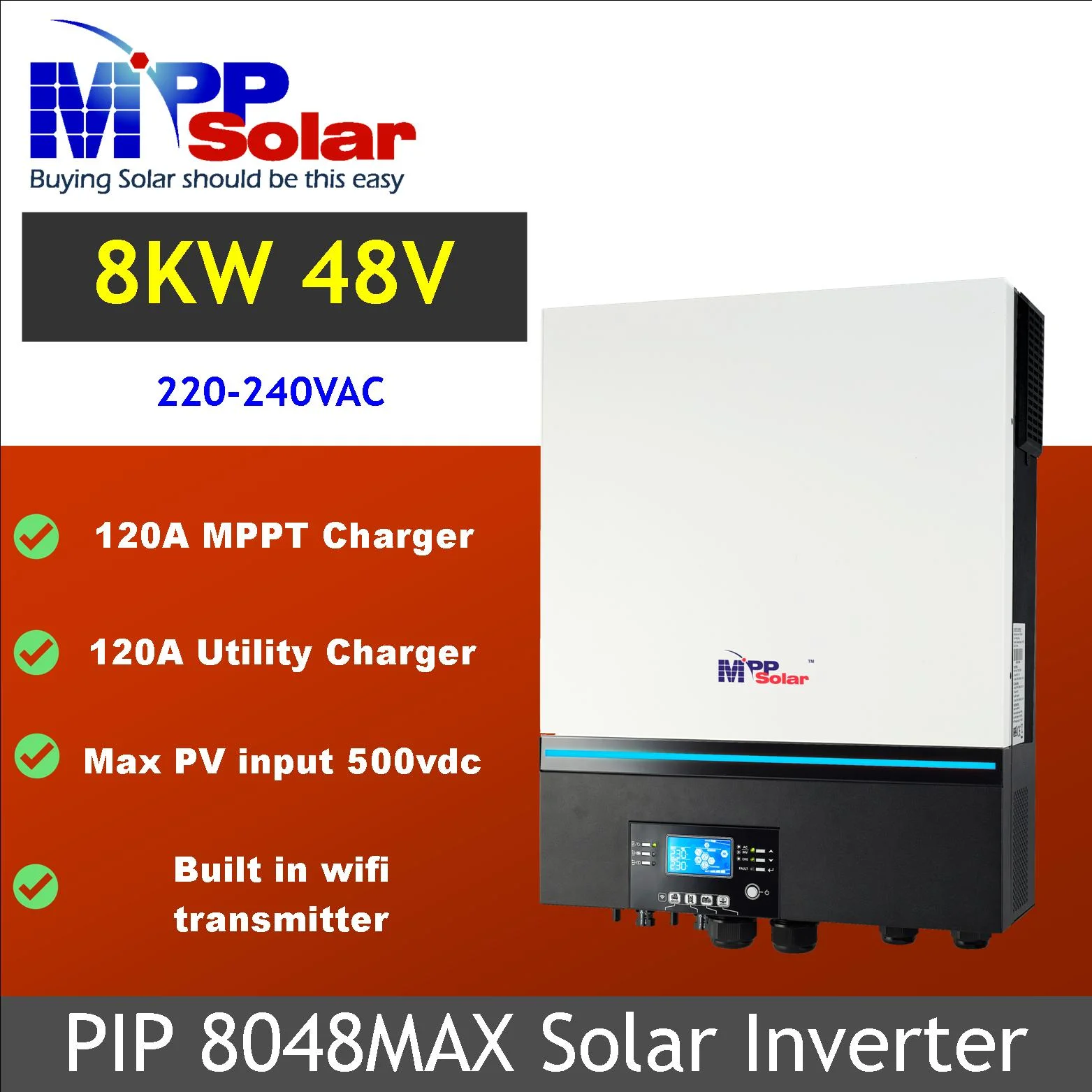 PIP8048MAX 8000w 48v 230v MPP Solar inverter 2 MPPT solar charger high PV 500v  wifi pure sine wave off grid pure sine wave