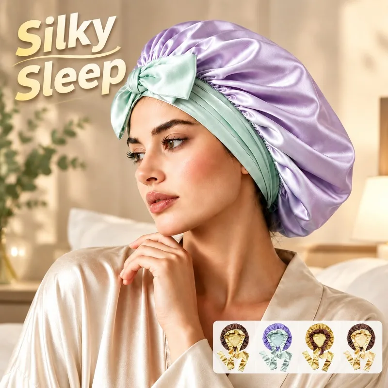 100% Mulberry Silk Sleep Cap for Women, Double Layer Hair Care Warm Dome Adjustable Strap Bonnet, Anti-Frizz Night Sleeping
