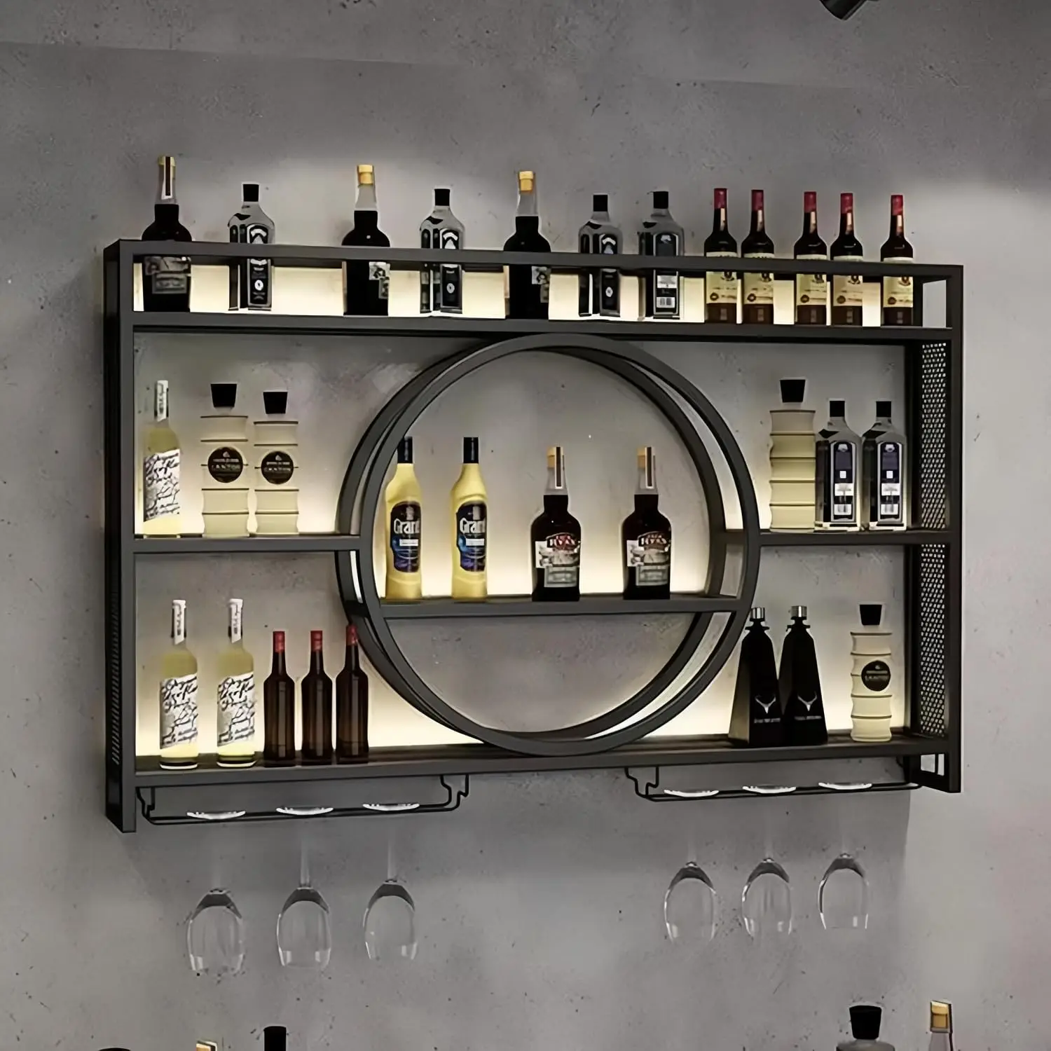 39 Inch Metal Wall Mounted Wine Rack, 3 Tier Bar Shelves with Glass Holder, Large Capacity Modern Liquor Shelves for Home Bar