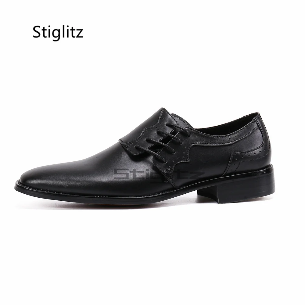 Men's Genuine Leather Brogue Shoes Black British Style Lace Up Small Square Toe Business Casual Office Shoes Wear-Resistant