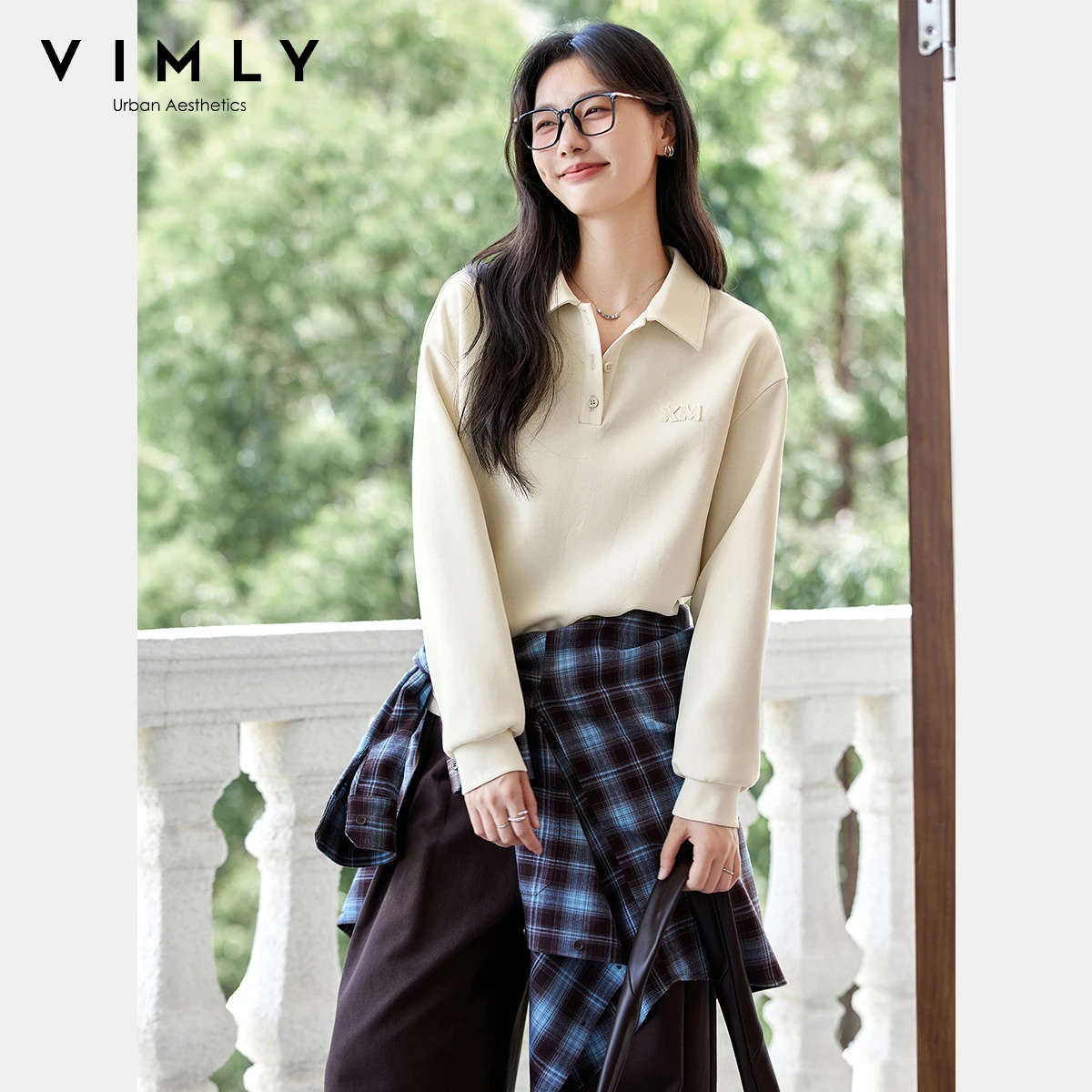 VIMLY Sweater Woman Letter Embroider Apricot Autumn 2025 Casual Long Sleeve Tops Sporty Knitted Loose Sweatshirts Female A2126
