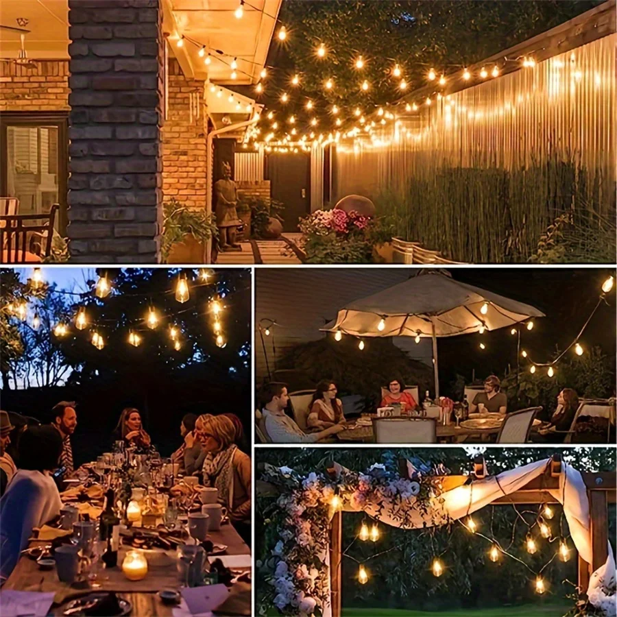 Linear 25/60/100/ ft solar string lights with USB port and remote control, solar garden lights, durable, dimmable, ST38 LED bulb