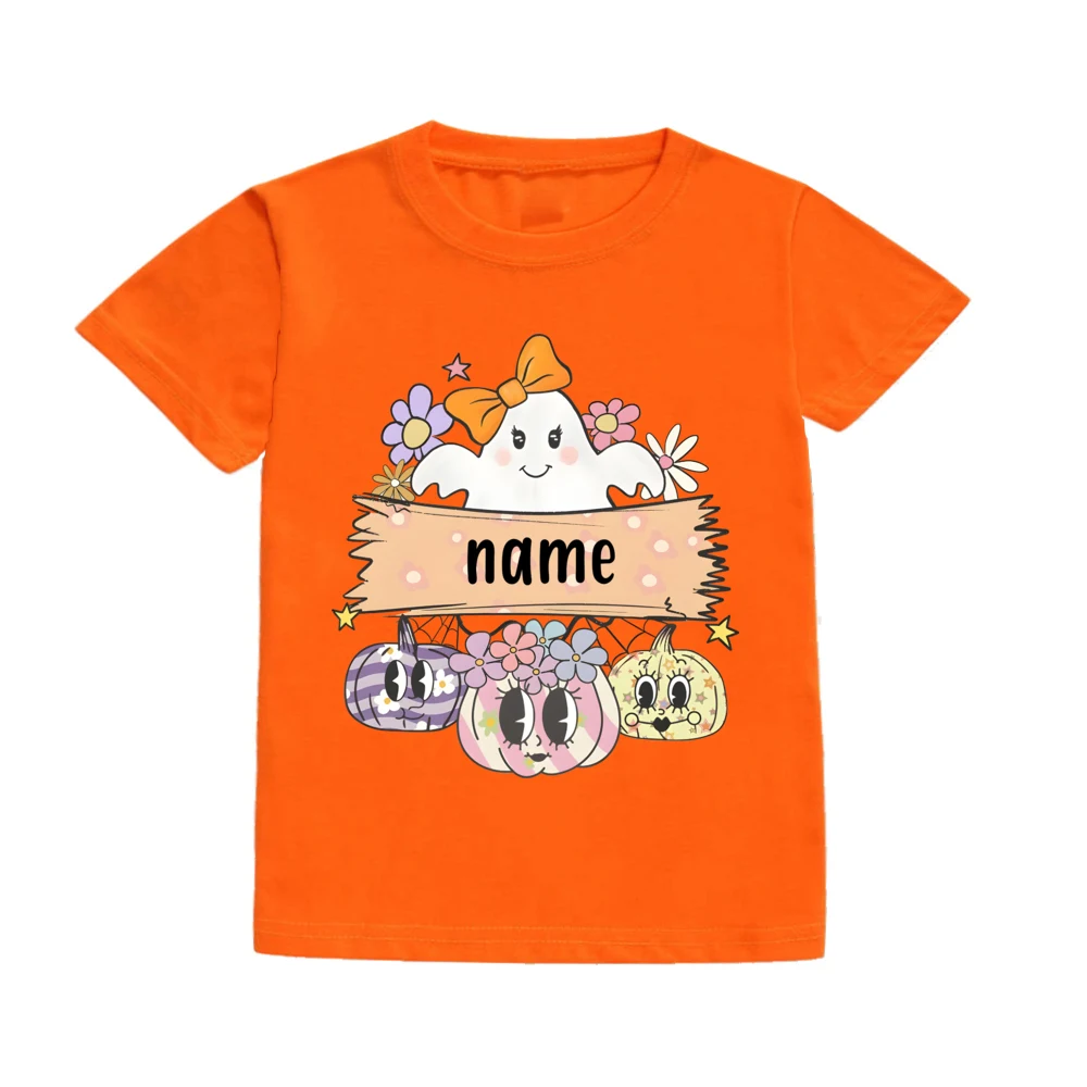 Custom Name Ghost&Pumpkin Print Kid T-shirt Casual Short Sleeve Child Tee Tops Personalized Halloween Party Childs Clothes